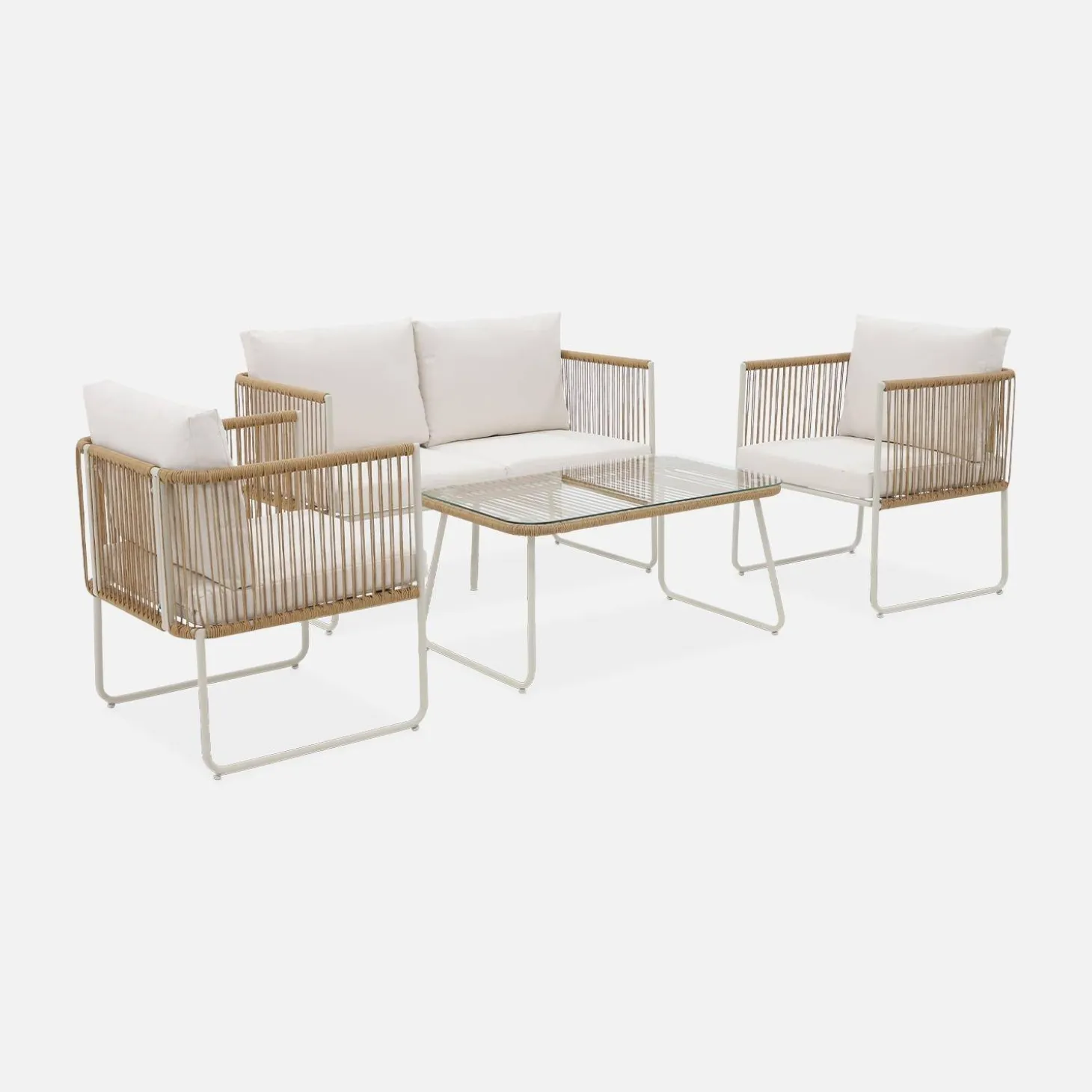 Conjunto de jardim com sofá em corda e aço galvanizado, 4 lugares