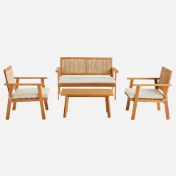 Conjunto de jardim com sofá em madeira e vime 4 lugares