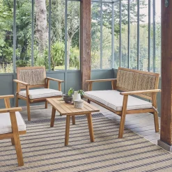 Conjunto de jardim com sofá em madeira e vime 4 lugares