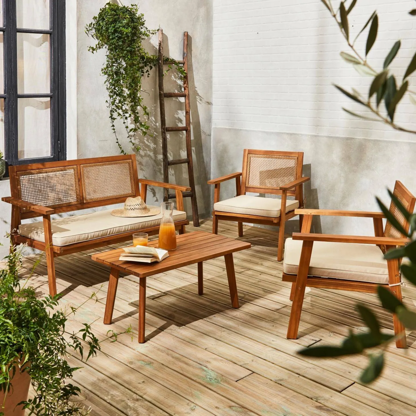 Conjunto de jardim com sofá em madeira, 4 lugares
