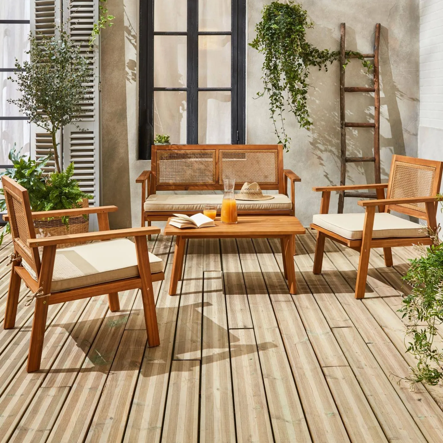 Conjunto de jardim com sofá em madeira, 4 lugares