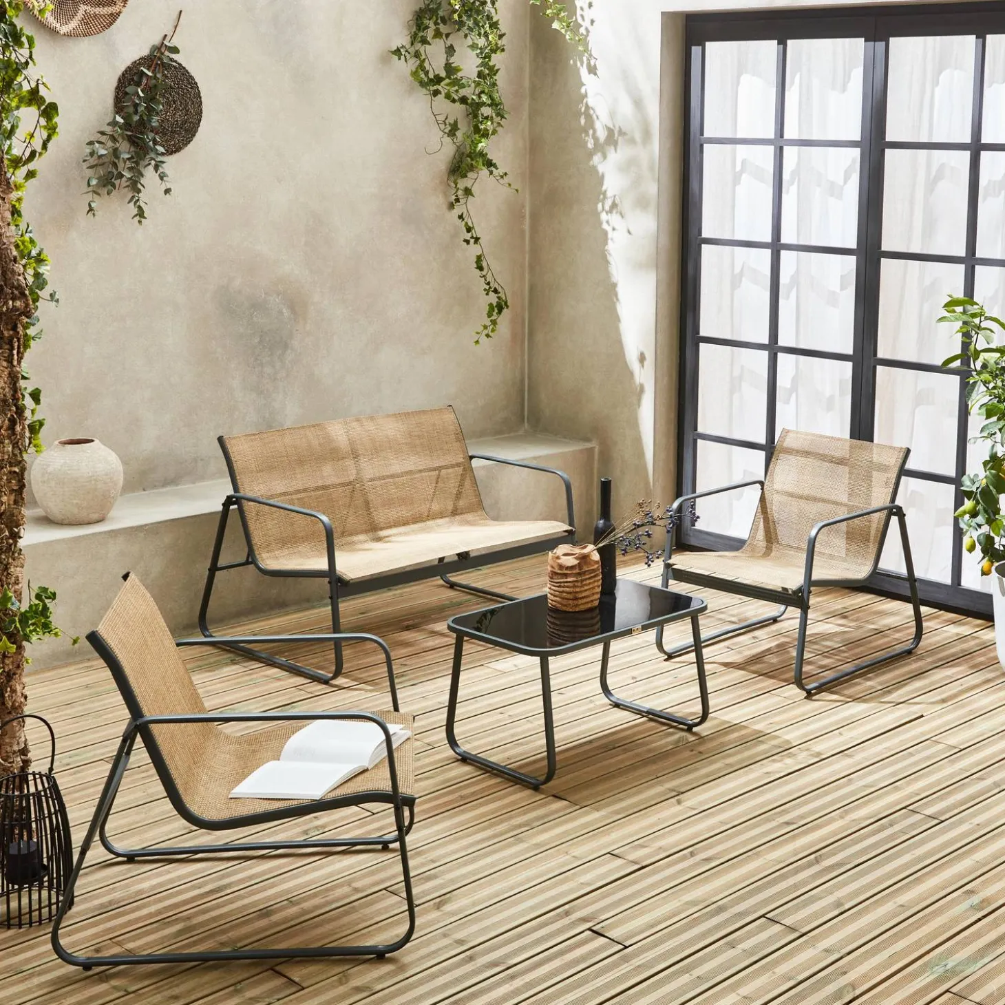 Conjunto de jardim com sofá em metal, 4 lugares