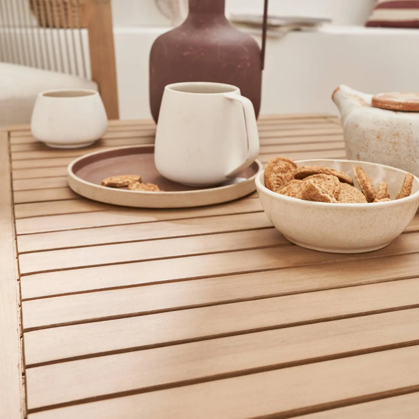 Conjunto de jardim com sofá em madeira e corda, 4 lugares