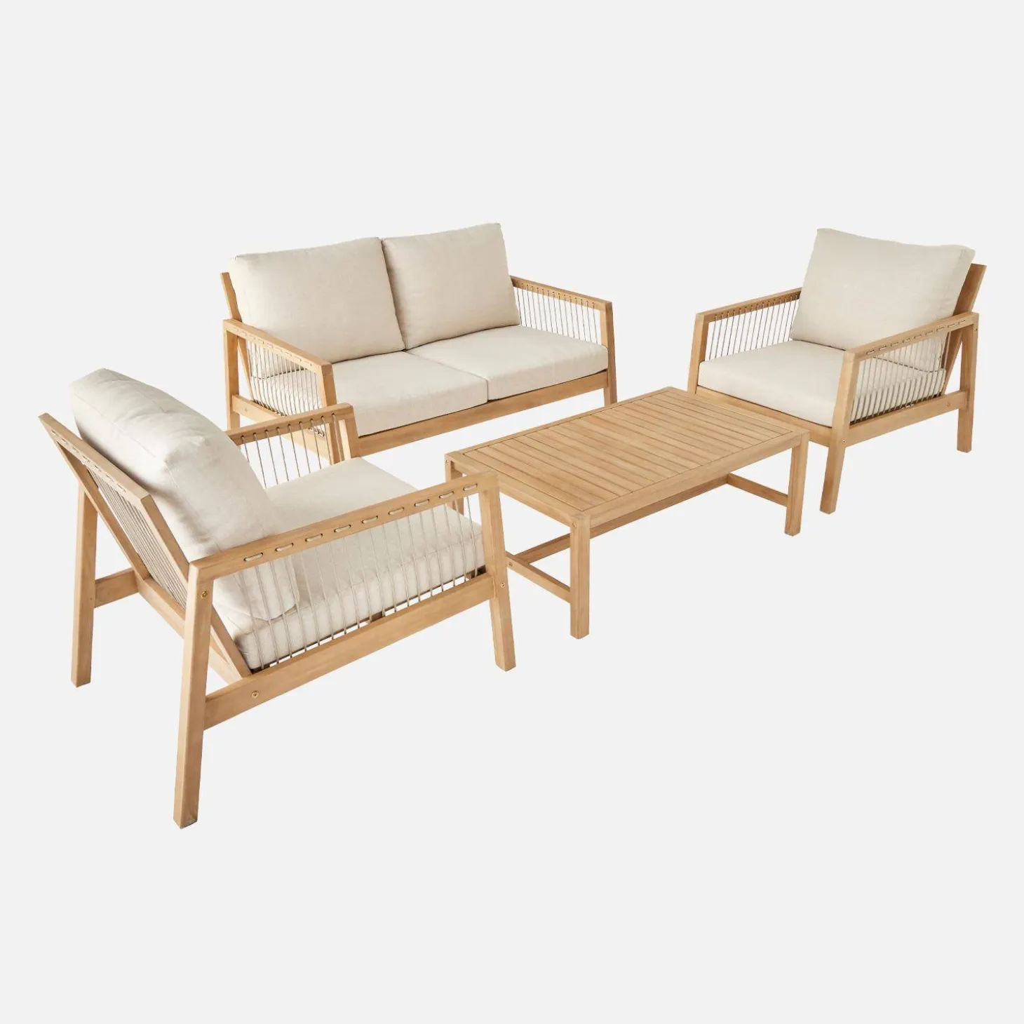 Conjunto de jardim com sofá em madeira e corda, 4 lugares