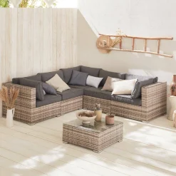 Conjunto de jardim com sofá em resina entrançada, 5 lugares