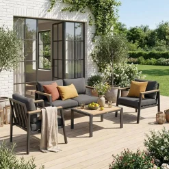 Conjunto de jardim com sofá e poltronas em alumínio e madeira, 4 lugares