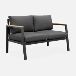 Conjunto de jardim com sofá e poltronas em alumínio e madeira, 4 lugares