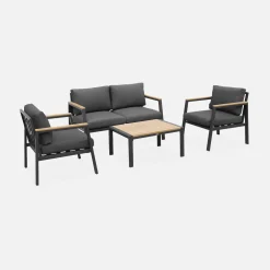 Conjunto de jardim com sofá e poltronas em alumínio e madeira, 4 lugares