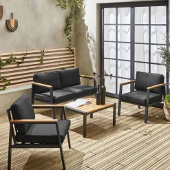 Conjunto de jardim com sofá e poltronas em alumínio e madeira, 4 lugares