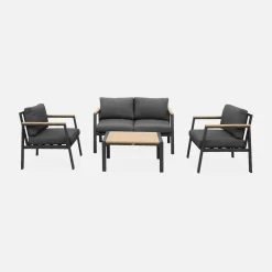 Conjunto de jardim com sofá e poltronas em alumínio e madeira, 4 lugares