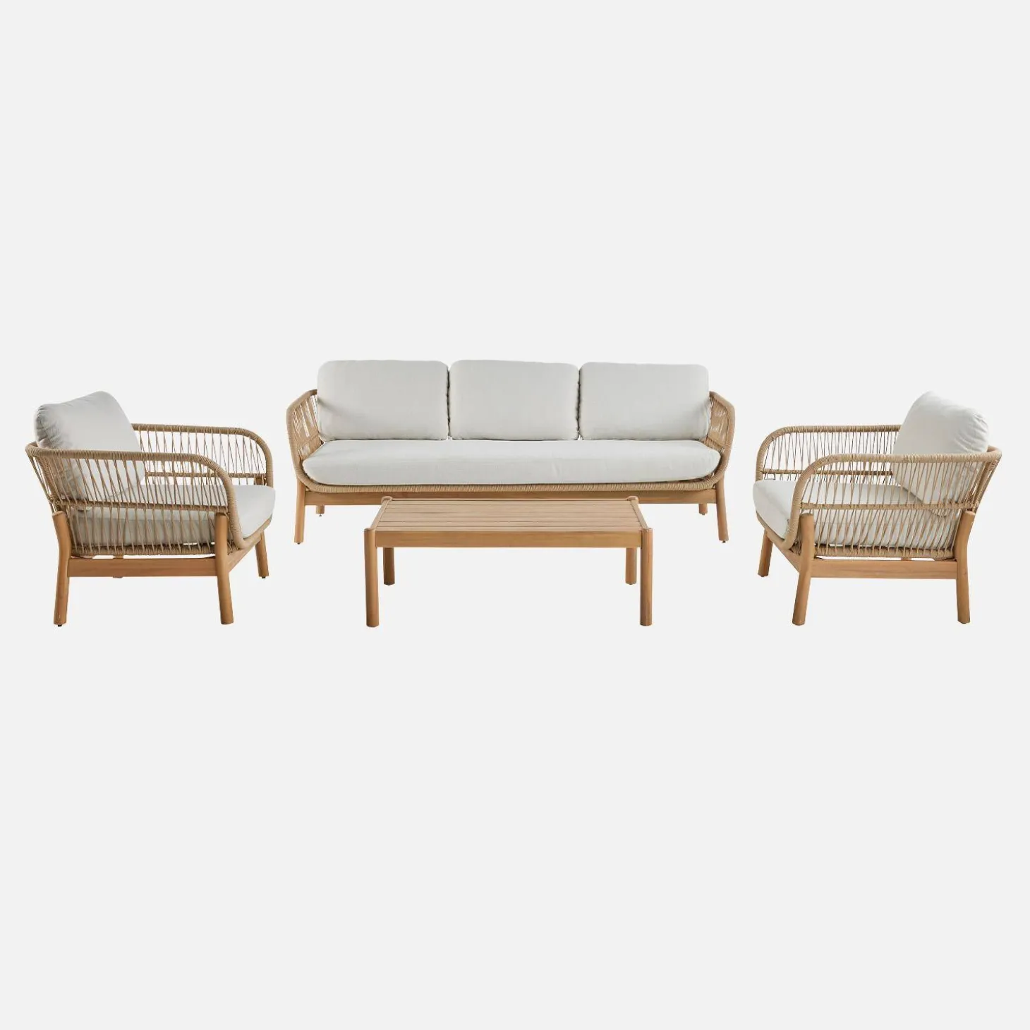 Conjunto de jardim com sofá e poltronas em acácia e corda de 5 lugares
