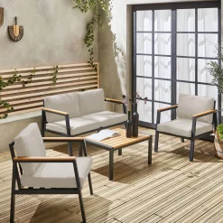 Conjunto de jardim com sofá e poltronas em alumínio e madeira, 4 lugares