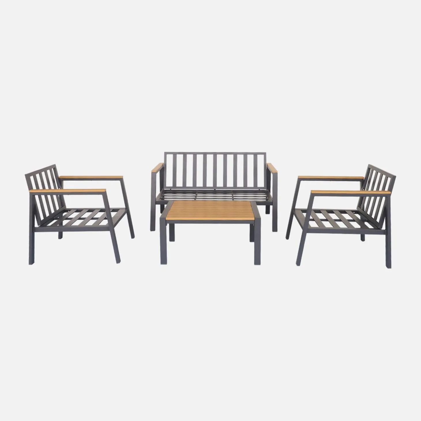 Conjunto de jardim com sofá e poltronas em alumínio e madeira, 4 lugares