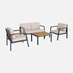 Conjunto de jardim com sofá e poltronas em alumínio e madeira, 4 lugares