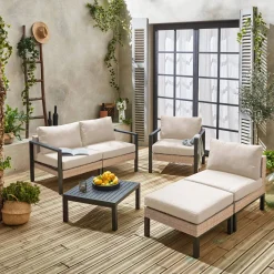Conjunto de jardim com sofá, mesa e poltrona em alumínio, 5 lugares