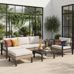 Conjunto de jardim com sofá, mesa e poltrona em alumínio, 5 lugares