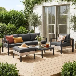 Conjunto de jardim com sofá, mesa e poltrona em alumínio, 5 lugares
