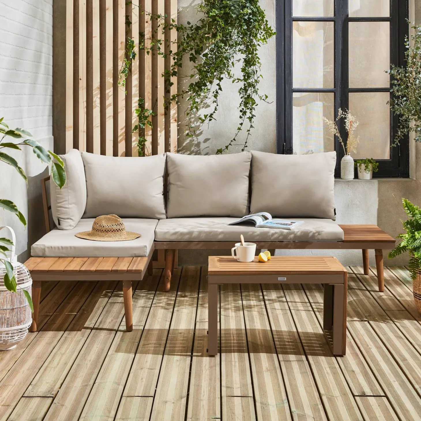 Conjunto de jardim com sofá modular em alumínio e acácia, 4 lugares