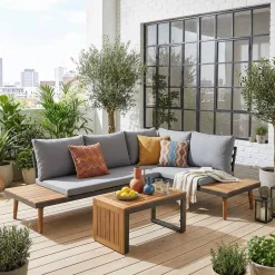 Conjunto de jardim com sofá modular em alumínio e acácia, 4 lugares