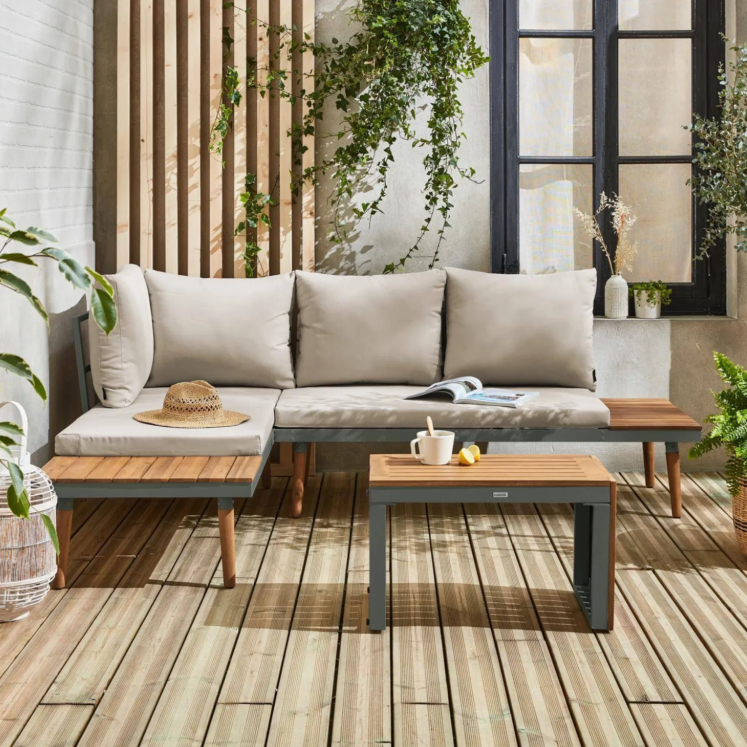 Conjunto de jardim com sofá modular em alumínio e acácia, 4 lugares