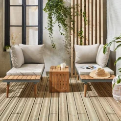 Conjunto de jardim com sofá modular em alumínio e acácia, 4 lugares