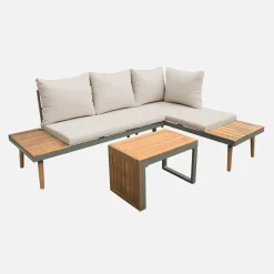 Conjunto de jardim com sofá modular em alumínio e acácia, 4 lugares