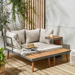Conjunto de jardim com sofá modular em alumínio e acácia, 4 lugares