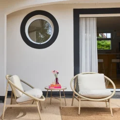 Conjunto de jardim de poltronas de jardim com mesa de aço e rattan