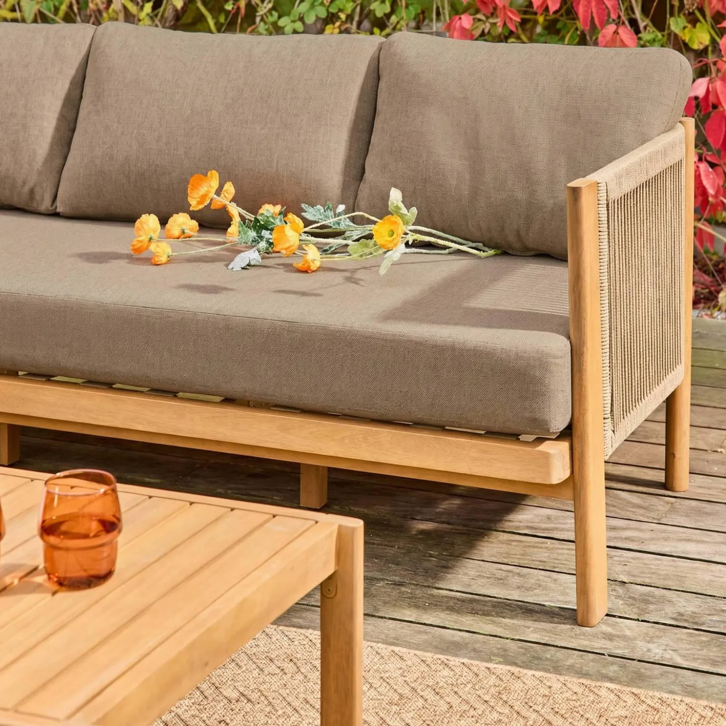 Conjunto de jardim em acácia e cordas, 5 lugares