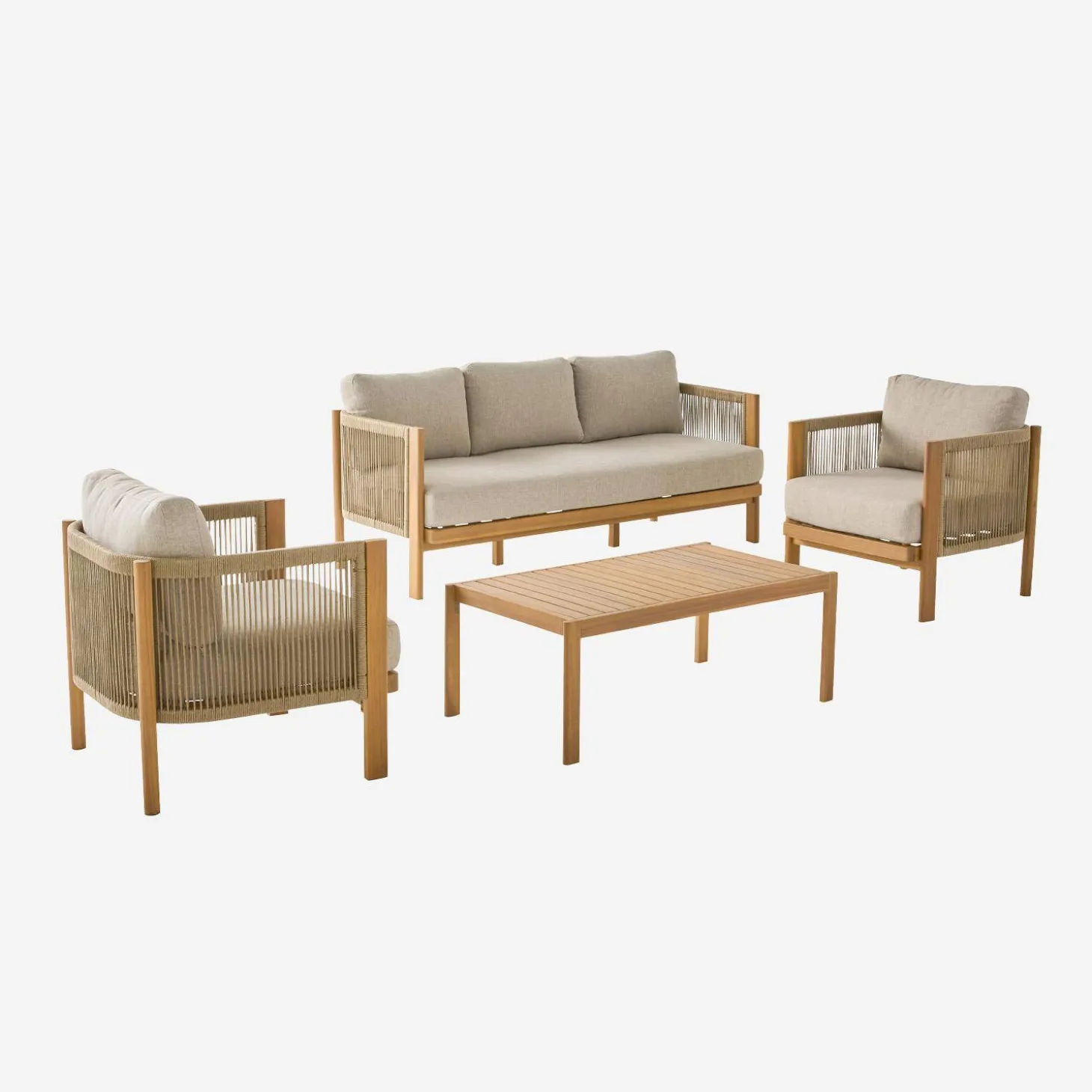 Conjunto de jardim em acácia e cordas, 5 lugares