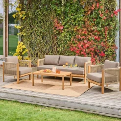 Conjunto de jardim em acácia e cordas, 5 lugares