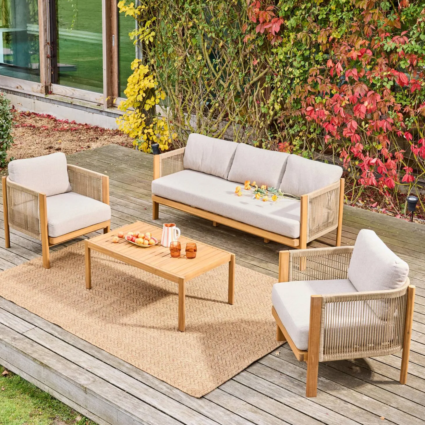 Conjunto de jardim em acácia e cordas, 5 lugares