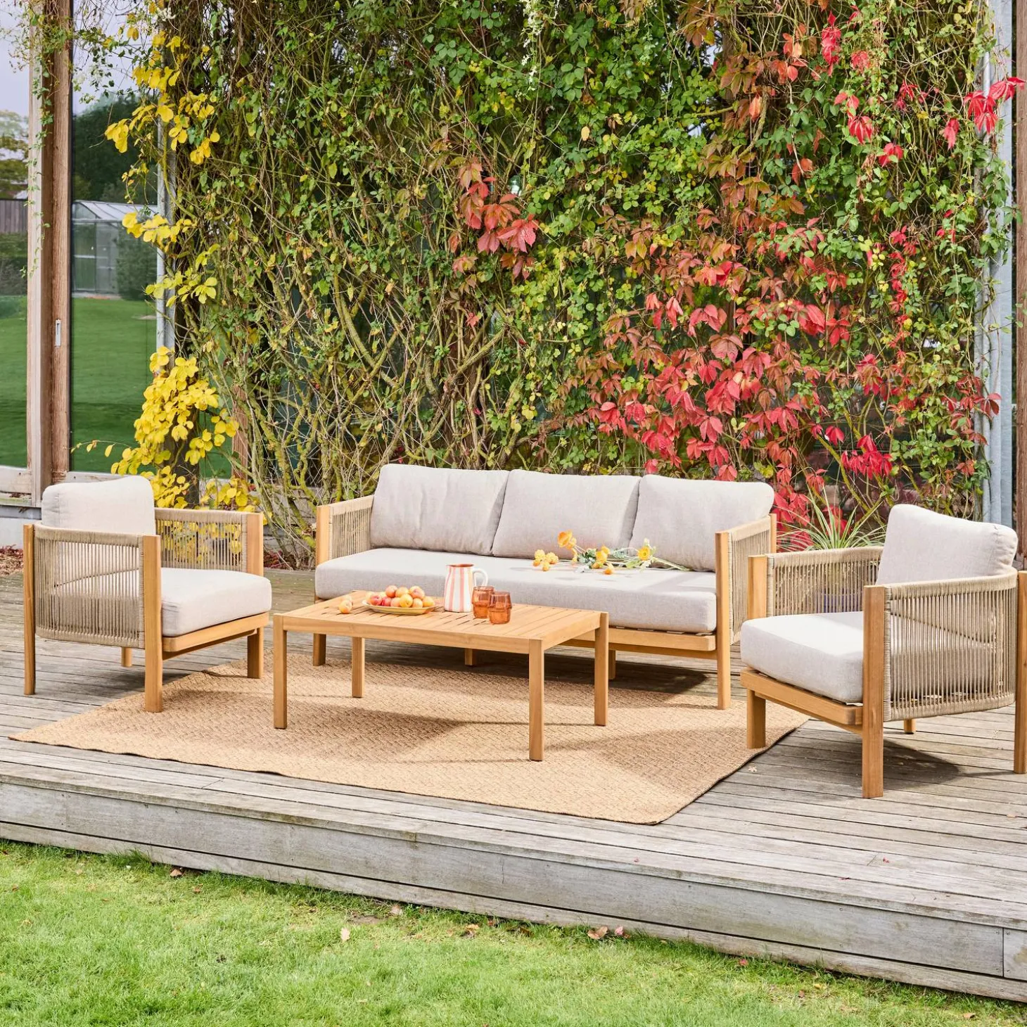Conjunto de jardim em acácia e cordas, 5 lugares