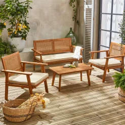 Conjunto de jardim em madeira de acácia e vime, 4 lugares