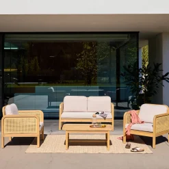 Conjunto de jardim em madeira de acácia e palhinha, 4 lugares