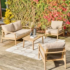 Conjunto de jardim em madeira de acácia e cordas, 4 lugares