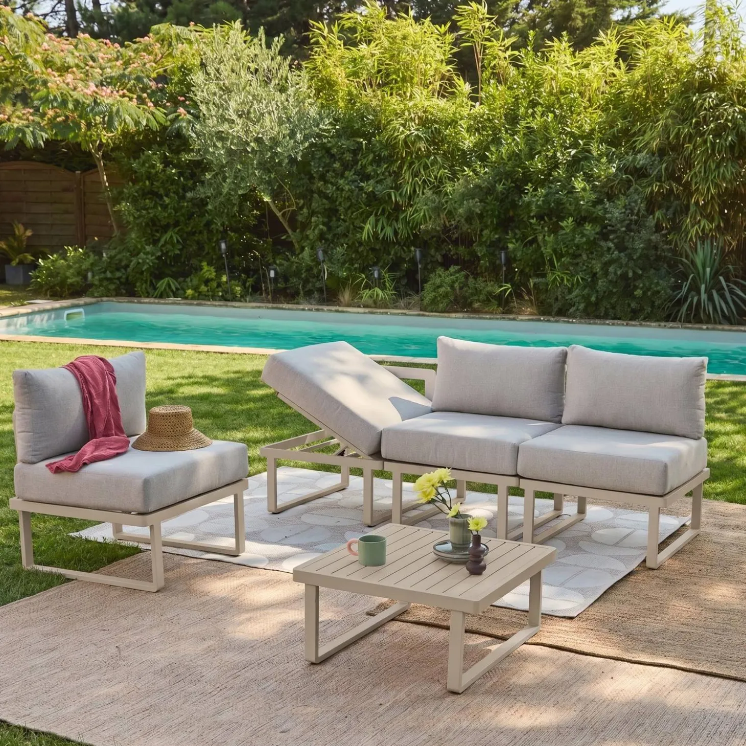 Conjunto de jardim modular em alumínio, 4 lugares