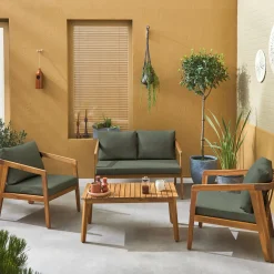 Conjunto de jardim relax de 4 lugares com sofá em madeira de acácia