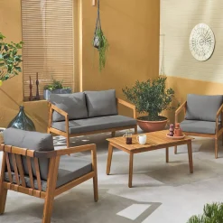 Conjunto de jardim relax de 4 lugares com sofá em madeira de acácia
