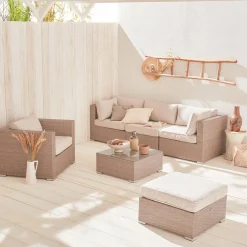 Conjunto de mobiliário de jardim com sofá em resina tecida de 5 lugares