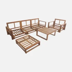 Conjunto de mobiliário de jardim com sofá e poltrona em madeira, 5 lugares
