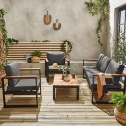 Conjunto de mobiliário de jardim em madeira e alumínio, 5 lugares