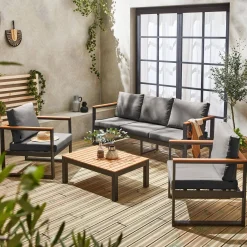 Conjunto de mobiliário de jardim em madeira e alumínio, 5 lugares