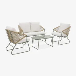 Conjunto de mobiliário de jardim relax em metal e resina natural, 4 lugares