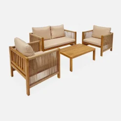 Conjunto de mobiliário de jardim de 4 lugares em madeira e corda