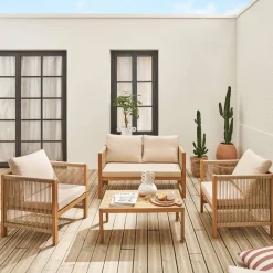 Conjunto de mobiliário de jardim de 4 lugares em madeira e corda