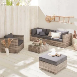 Conjunto de mobiliário de jardim com sofá em resina tecida de 5 lugares