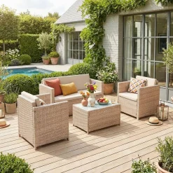 Conjunto de sofá de jardim de 4 lugares em resina tecida