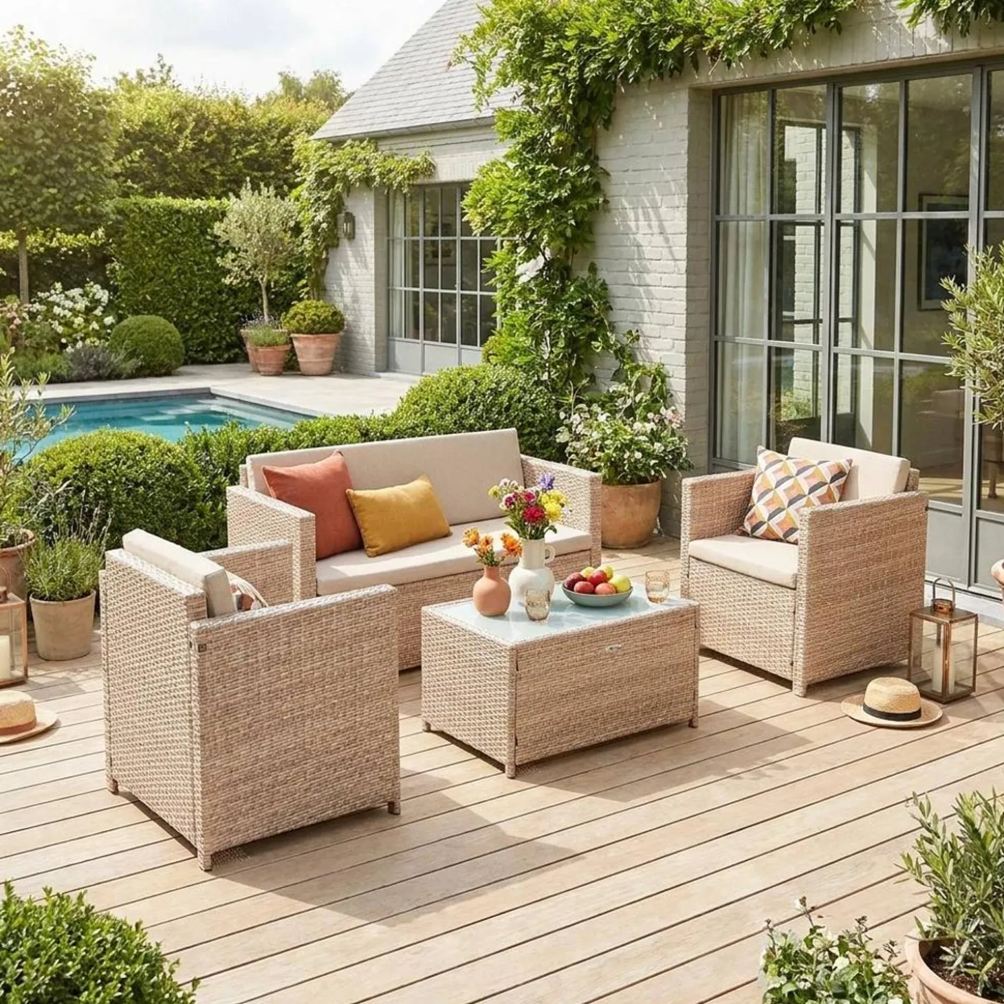 Conjunto de sofá de jardim de 4 lugares em resina tecida