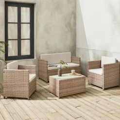 Conjunto de sofá de jardim de 4 lugares em resina tecida